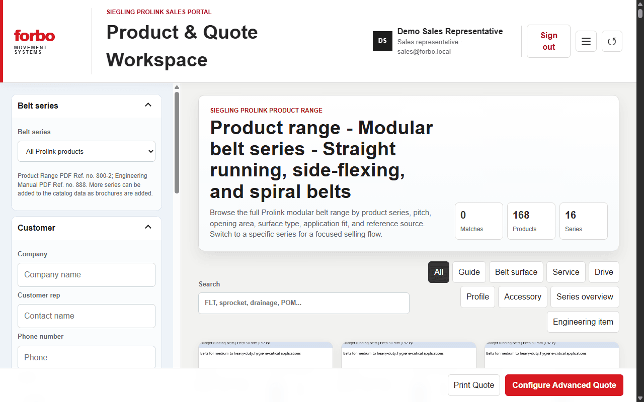 Live demo screenshot of the Forbo Movement Systems sales portal