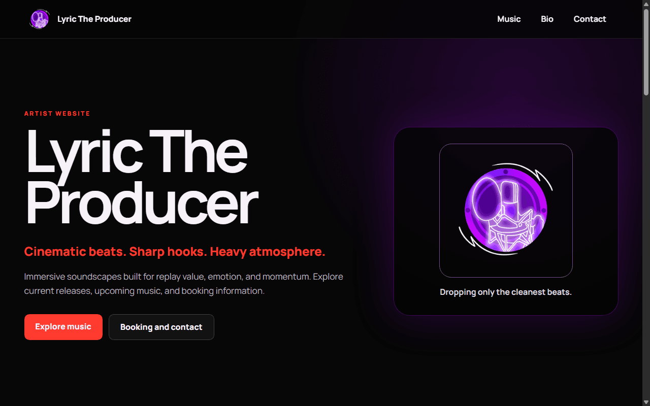 Live demo screenshot of the Lyric The Producer artist website
